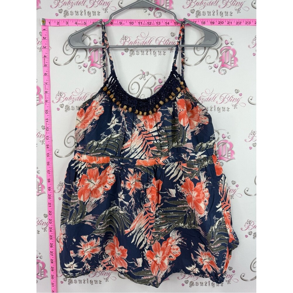 AE sport tank top Navy Floral Beaded Trim Spaghetti Strap Tank